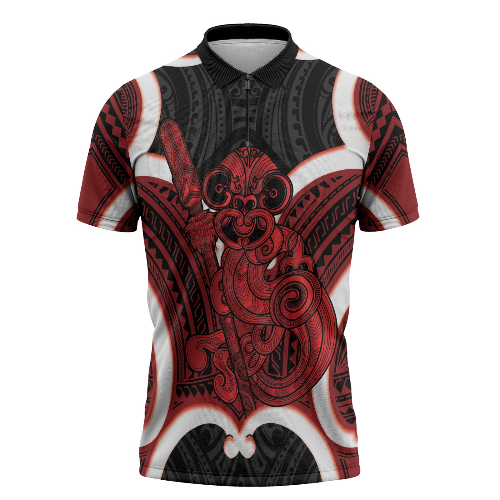 Whero Aotearoa Atua Tumatauenga Personalised Zipper Polo Shirt Maori God Of War Tiki With Taiaha LT14 Red - Polynesian Pride