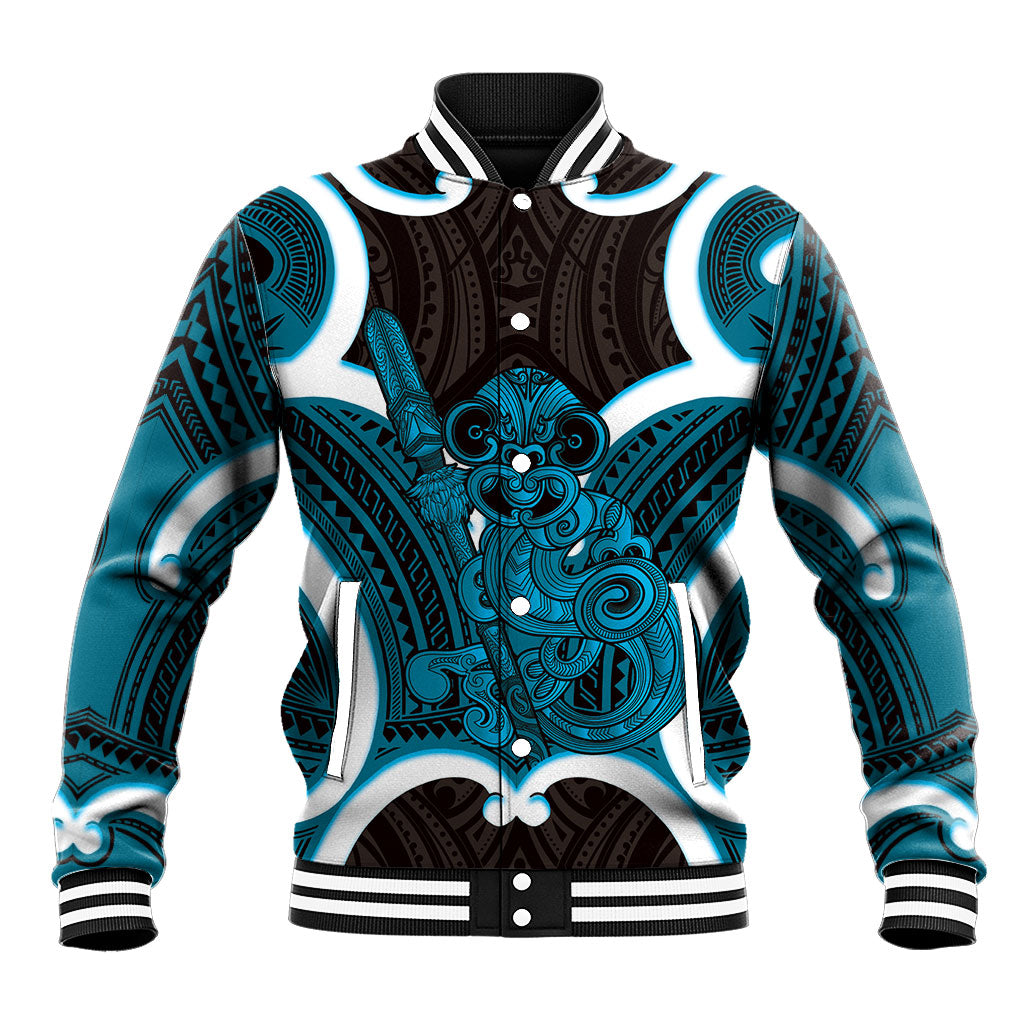 Kikorangi Aotearoa Atua Tumatauenga Personalised Baseball Jacket Maori God Of War Tiki With Taiaha LT14 Unisex Blue - Polynesian Pride