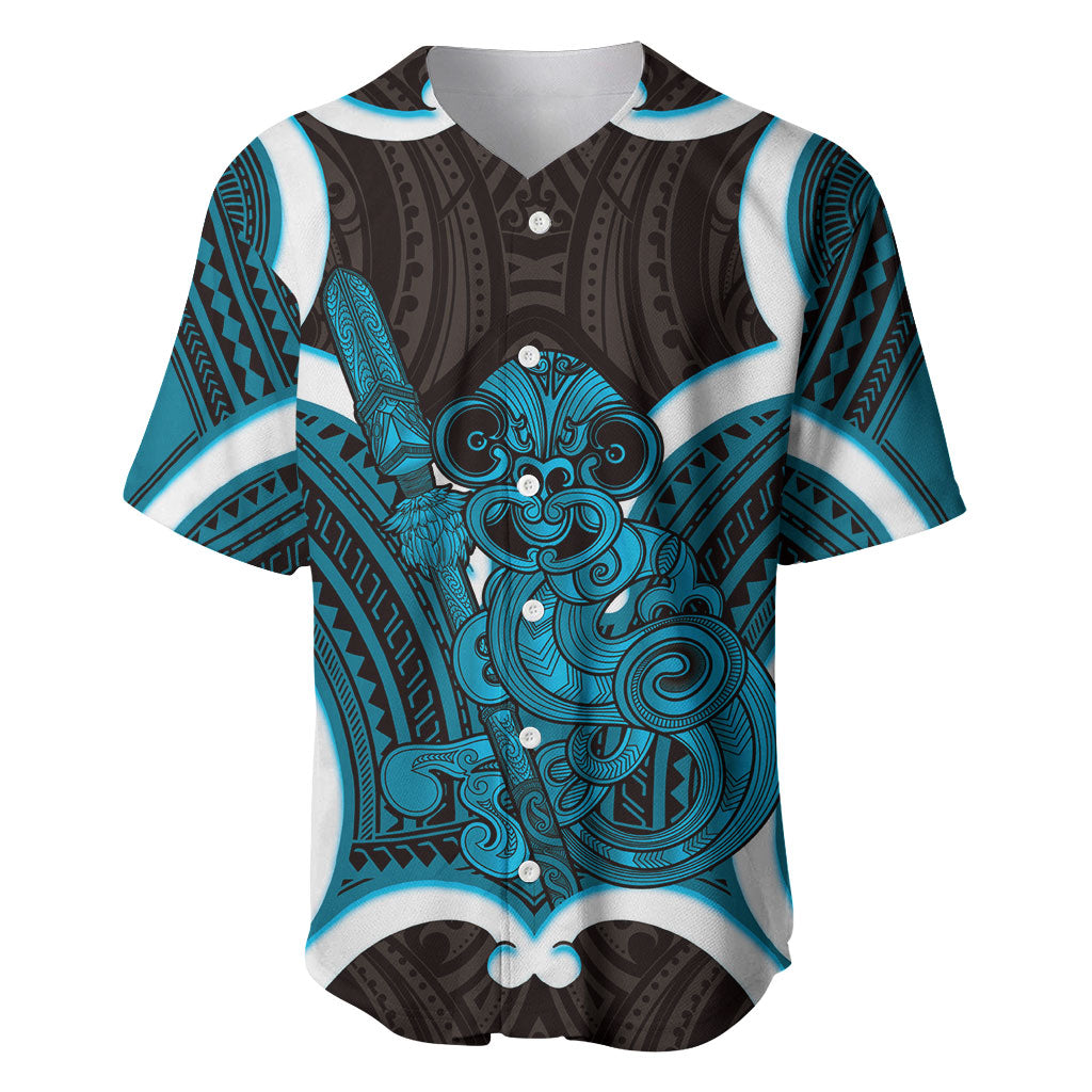 Kikorangi Aotearoa Atua Tumatauenga Personalised Baseball Jersey Maori God Of War Tiki With Taiaha LT14 Blue - Polynesian Pride