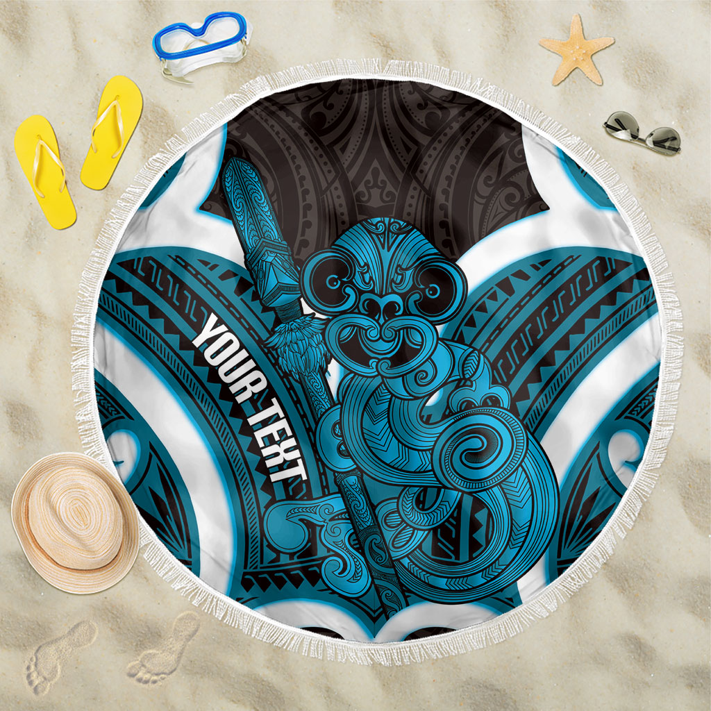 Kikorangi Aotearoa Atua Tumatauenga Personalised Beach Blanket Maori God Of War Tiki With Taiaha LT14 One Size 150cm Blue - Polynesian Pride