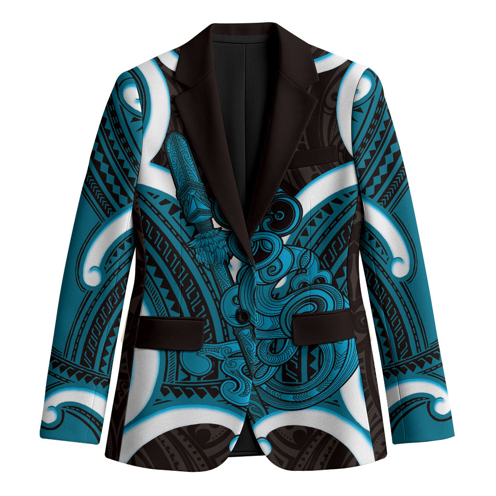 Kikorangi Aotearoa Atua Tumatauenga Personalised Blazer Maori God Of War Tiki With Taiaha LT14 Unisex Blue - Polynesian Pride
