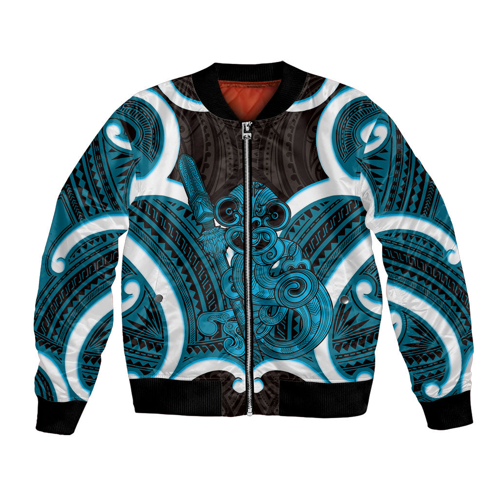 Kikorangi Aotearoa Atua Tumatauenga Personalised Bomber Jacket Maori God Of War Tiki With Taiaha LT14 Unisex Blue - Polynesian Pride