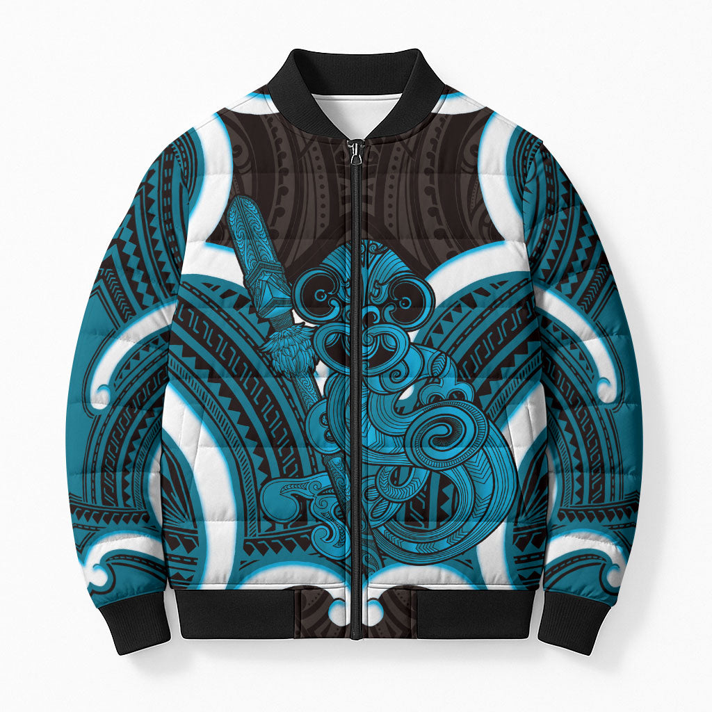Kikorangi Aotearoa Atua Tumatauenga Personalised Bomber Puffer Jacket Maori God Of War Tiki With Taiaha LT14 Unisex Blue - Polynesian Pride