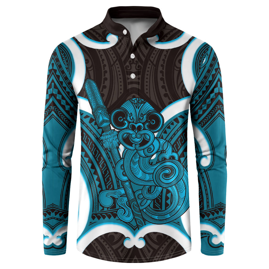 Kikorangi Aotearoa Atua Tumatauenga Personalised Button Sweatshirt Maori God Of War Tiki With Taiaha LT14 Blue - Polynesian Pride