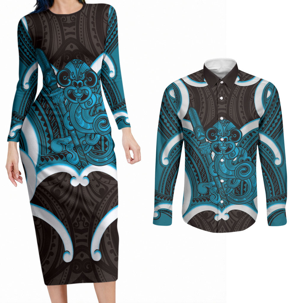 Kikorangi Aotearoa Atua Tumatauenga Personalised Couples Matching Long Sleeve Bodycon Dress and Long Sleeve Button Shirt Maori God Of War Tiki With Taiaha LT14 Blue - Polynesian Pride