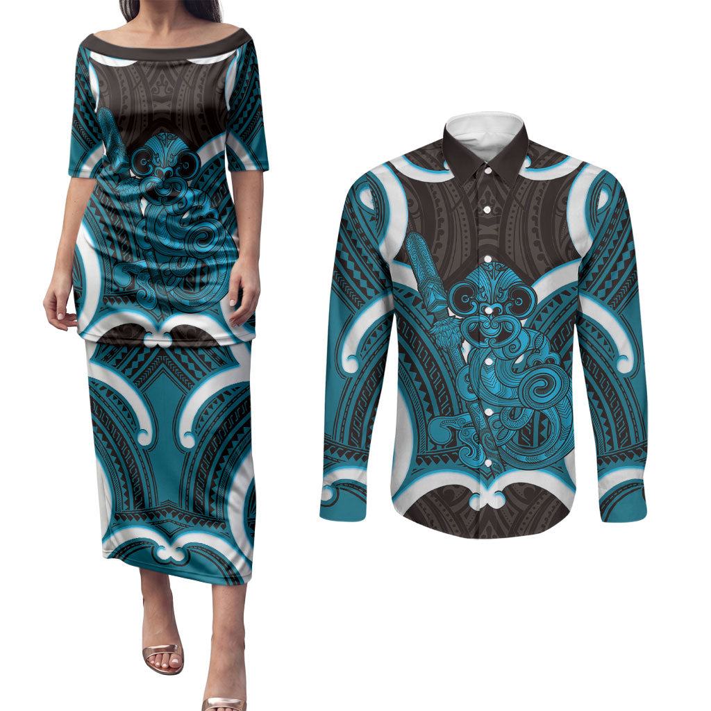 Kikorangi Aotearoa Atua Tumatauenga Personalised Couples Matching Puletasi and Long Sleeve Button Shirt Maori God Of War Tiki With Taiaha LT14 Blue - Polynesian Pride