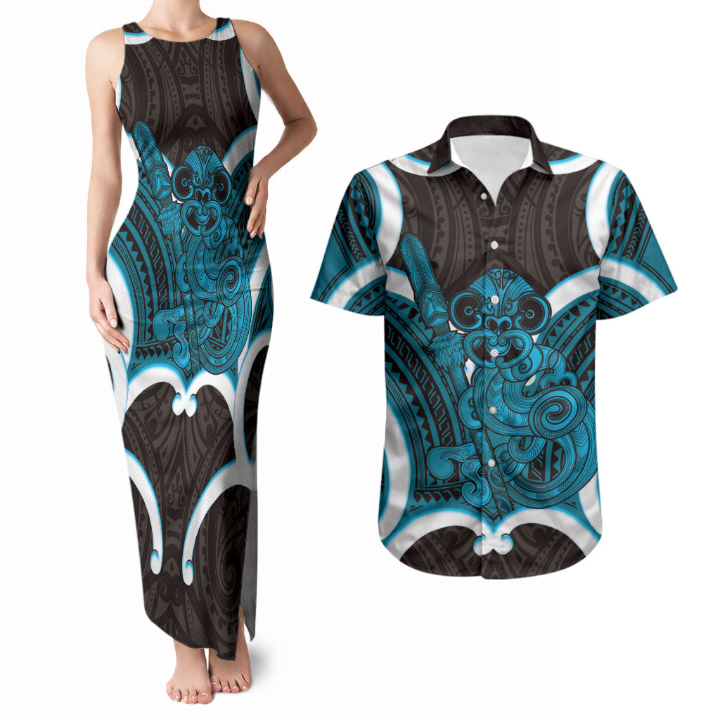 Kikorangi Aotearoa Atua Tumatauenga Personalised Couples Matching Tank Maxi Dress and Hawaiian Shirt Maori God Of War Tiki With Taiaha