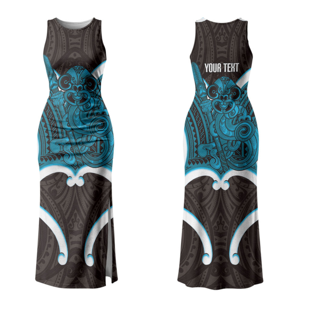 Kikorangi Aotearoa Atua Tumatauenga Personalised Couples Matching Tank Maxi Dress and Hawaiian Shirt Maori God Of War Tiki With Taiaha
