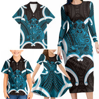 Kikorangi Aotearoa Atua Tumatauenga Personalised Family Matching Long Sleeve Bodycon Dress and Hawaiian Shirt Maori God Of War Tiki With Taiaha