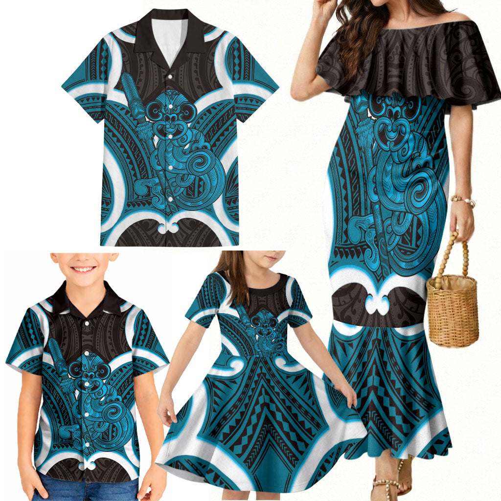 Kikorangi Aotearoa Atua Tumatauenga Personalised Family Matching Mermaid Dress and Hawaiian Shirt Maori God Of War Tiki With Taiaha