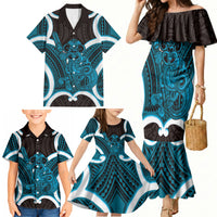 Kikorangi Aotearoa Atua Tumatauenga Personalised Family Matching Mermaid Dress and Hawaiian Shirt Maori God Of War Tiki With Taiaha