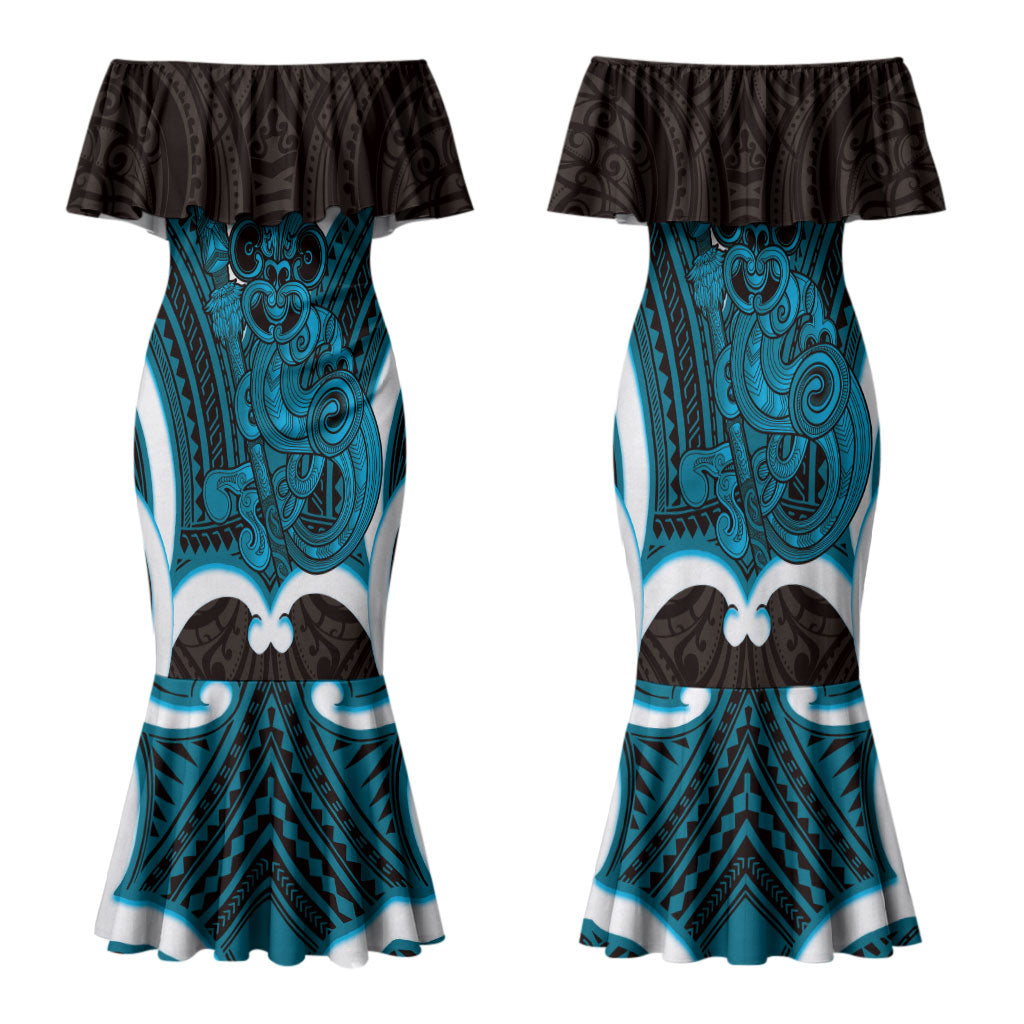 Kikorangi Aotearoa Atua Tumatauenga Personalised Family Matching Mermaid Dress and Hawaiian Shirt Maori God Of War Tiki With Taiaha