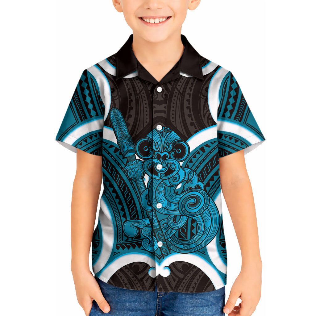 Kikorangi Aotearoa Atua Tumatauenga Personalised Kid Hawaiian Shirt Maori God Of War Tiki With Taiaha LT14 Kid Blue - Polynesian Pride
