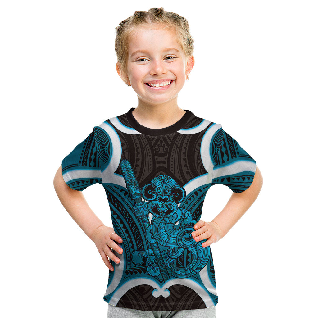Kikorangi Aotearoa Atua Tumatauenga Personalised Kid T Shirt Maori God Of War Tiki With Taiaha LT14 Blue - Polynesian Pride
