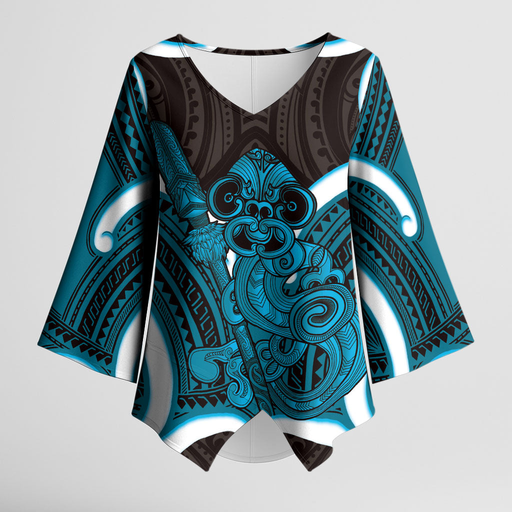Kikorangi Aotearoa Atua Tumatauenga Personalised Kimono Sleeve Blouse Maori God Of War Tiki With Taiaha LT14 Female Blue - Polynesian Pride