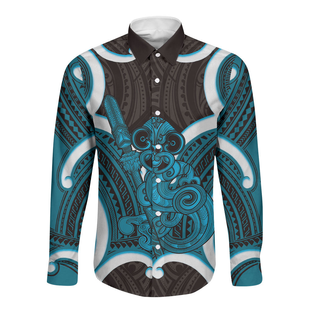 Kikorangi Aotearoa Atua Tumatauenga Personalised Long Sleeve Button Shirt Maori God Of War Tiki With Taiaha