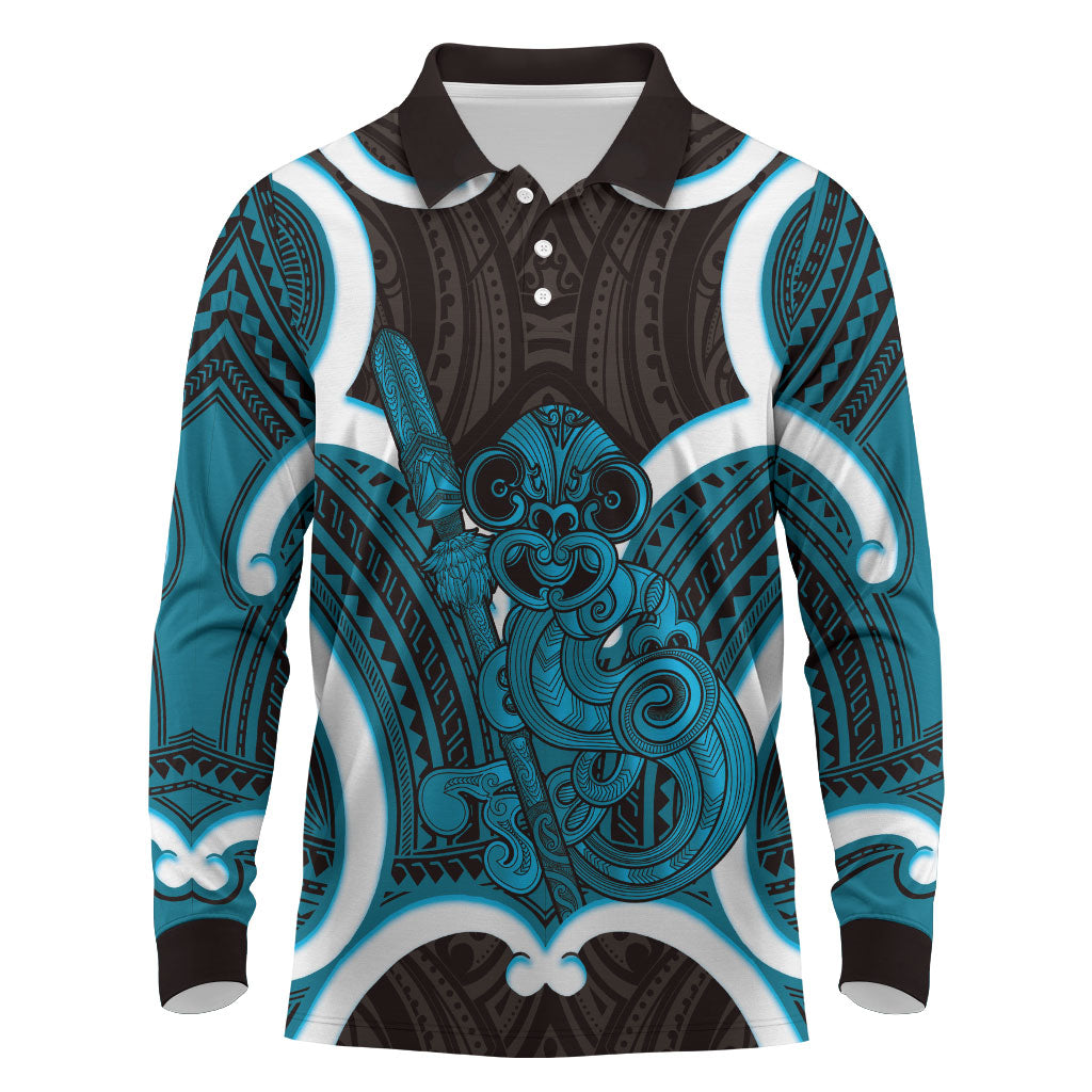 Kikorangi Aotearoa Atua Tumatauenga Personalised Long Sleeve Polo Shirt Maori God Of War Tiki With Taiaha LT14 Blue - Polynesian Pride