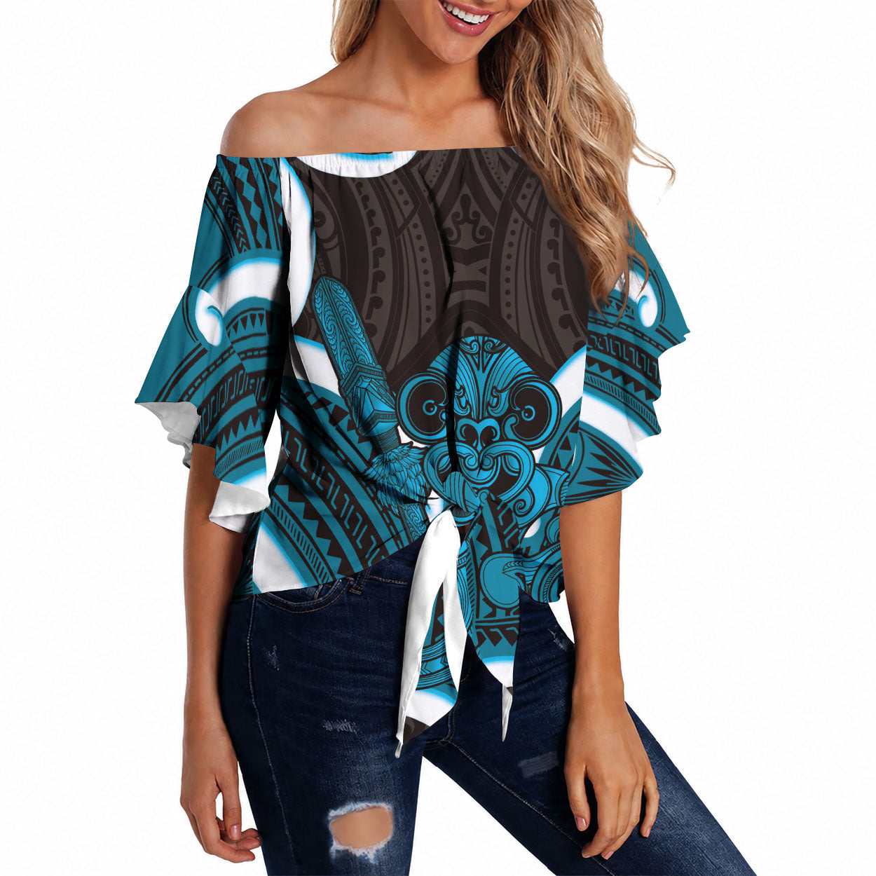 Kikorangi Aotearoa Atua Tumatauenga Personalised Off Shoulder Wrap Waist Top Maori God Of War Tiki With Taiaha LT14 Blue - Polynesian Pride