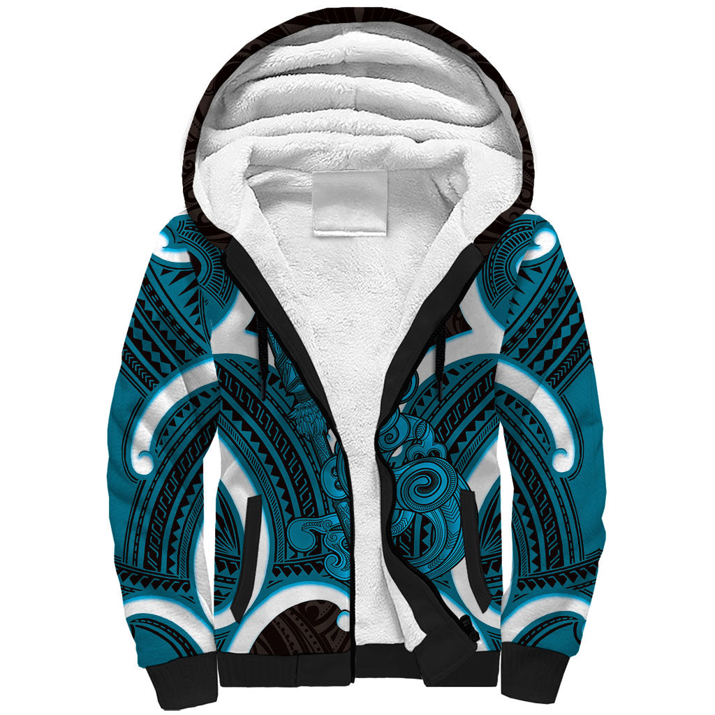 Kikorangi Aotearoa Atua Tumatauenga Personalised Sherpa Hoodie Maori God Of War Tiki With Taiaha LT14 Unisex Blue - Polynesian Pride