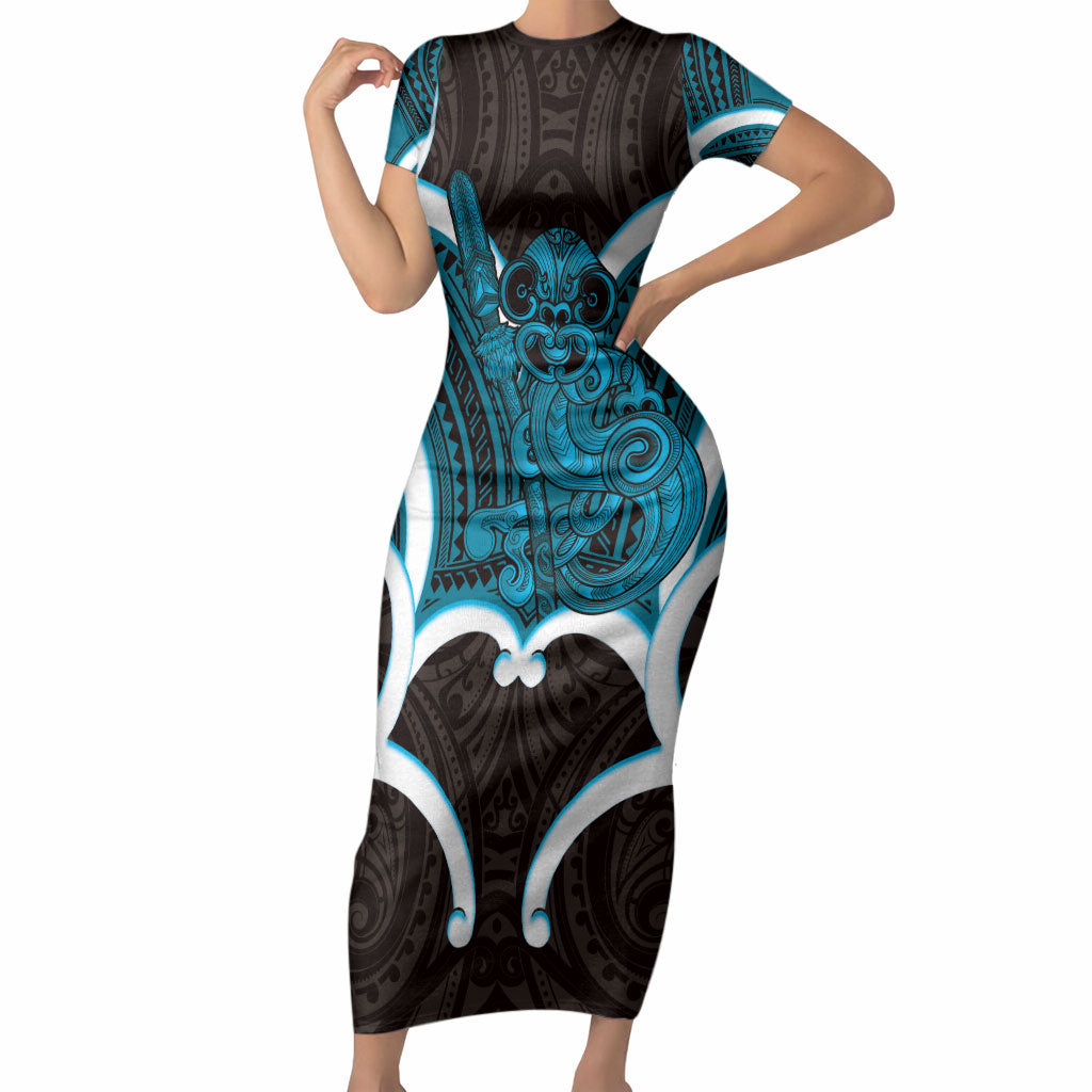 Kikorangi Aotearoa Atua Tumatauenga Personalised Short Sleeve Bodycon Dress Maori God Of War Tiki With Taiaha LT14 Long Dress Blue - Polynesian Pride