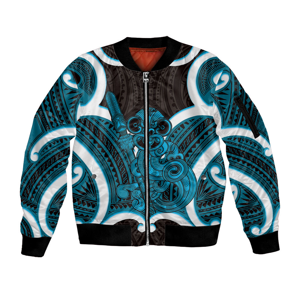 Kikorangi Aotearoa Atua Tumatauenga Personalised Sleeve Zip Bomber Jacket Maori God Of War Tiki With Taiaha LT14 Unisex Blue - Polynesian Pride