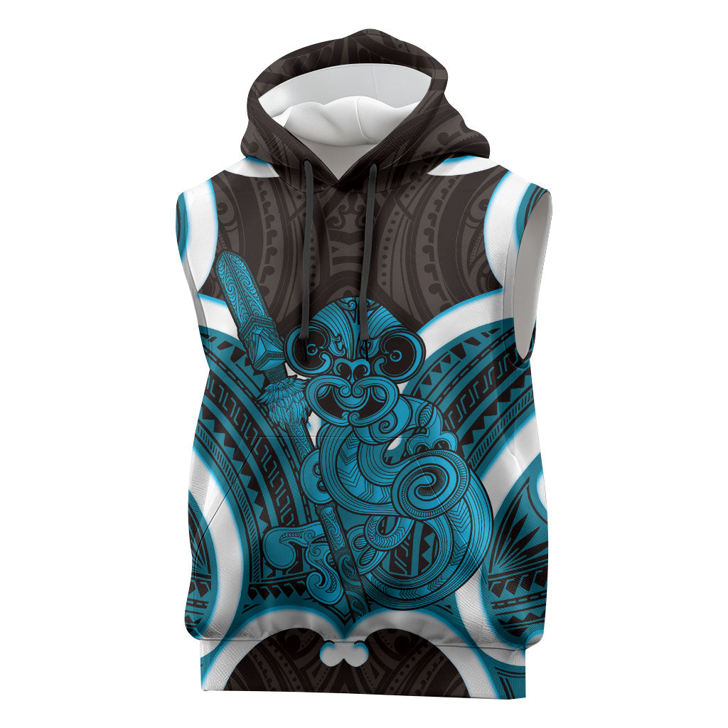 Kikorangi Aotearoa Atua Tumatauenga Personalised Sleeveless Hoodie Maori God Of War Tiki With Taiaha LT14 Blue - Polynesian Pride