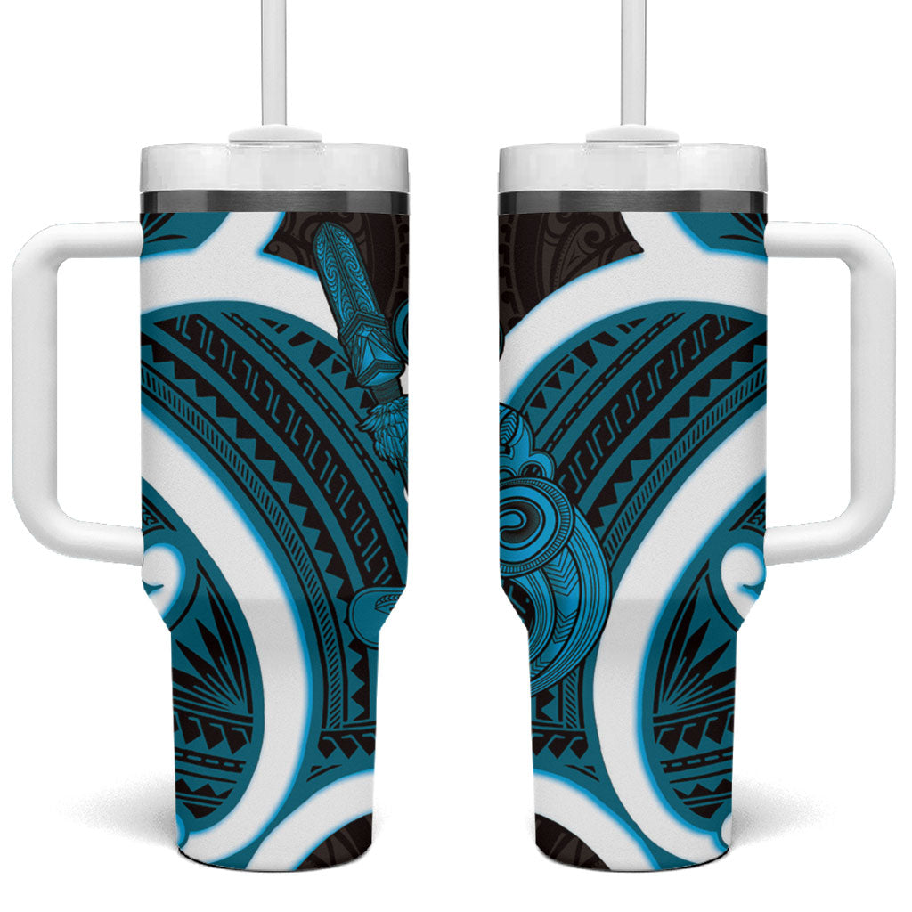 Kikorangi Aotearoa Atua Tumatauenga Tumbler With Handle Maori God Of War Tiki With Taiaha LT14 One Size: 40 oz Blue - Polynesian Pride