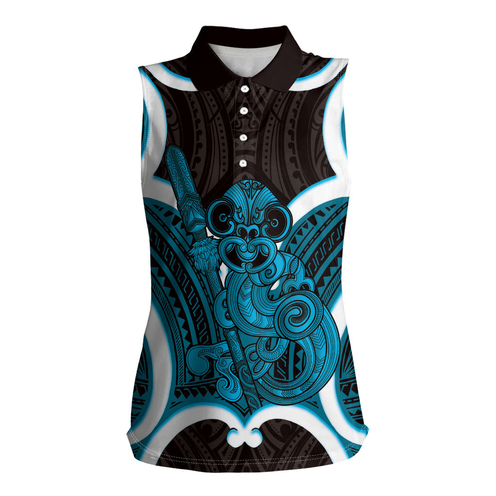 Kikorangi Aotearoa Atua Tumatauenga Personalised Women Sleeveless Polo Shirt Maori God Of War Tiki With Taiaha LT14 Female Blue - Polynesian Pride
