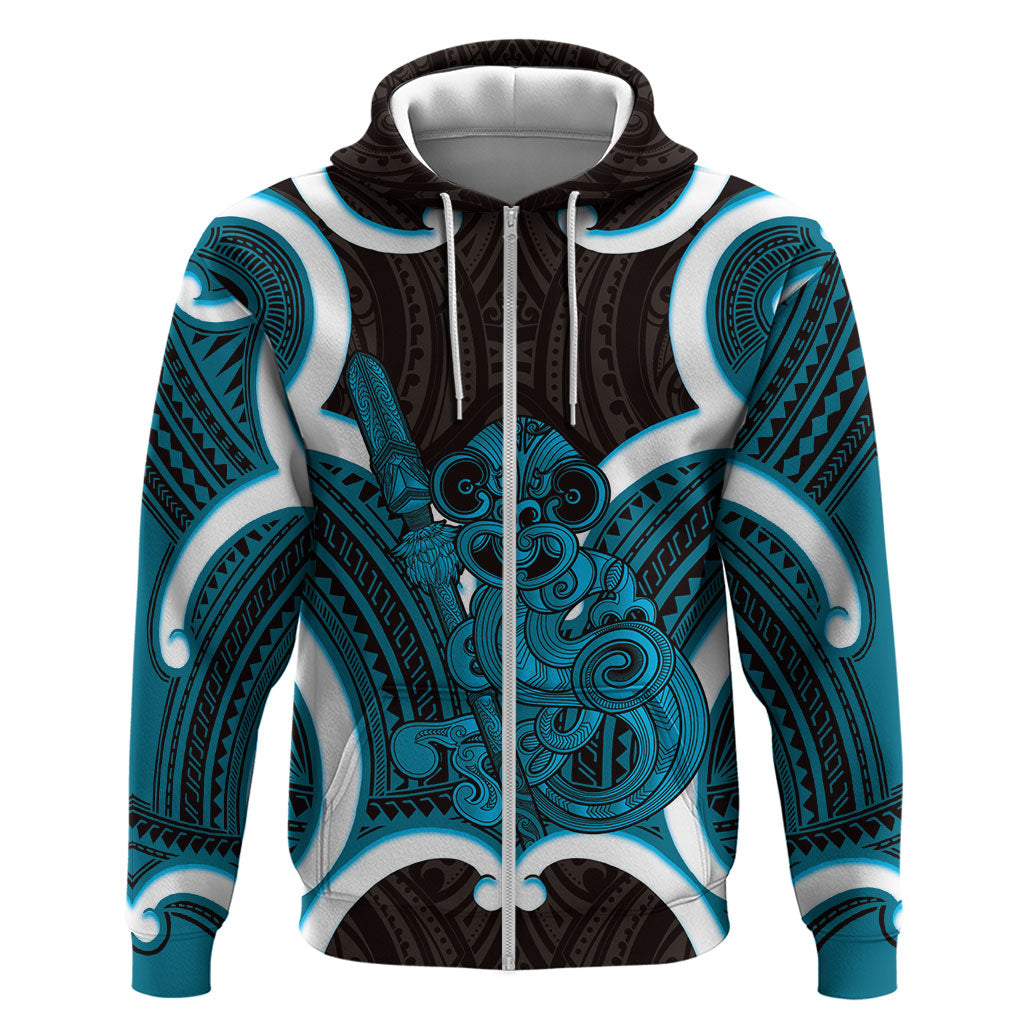 Kikorangi Aotearoa Atua Tumatauenga Personalised Zip Hoodie Maori God Of War Tiki With Taiaha LT14 Zip Hoodie Blue - Polynesian Pride