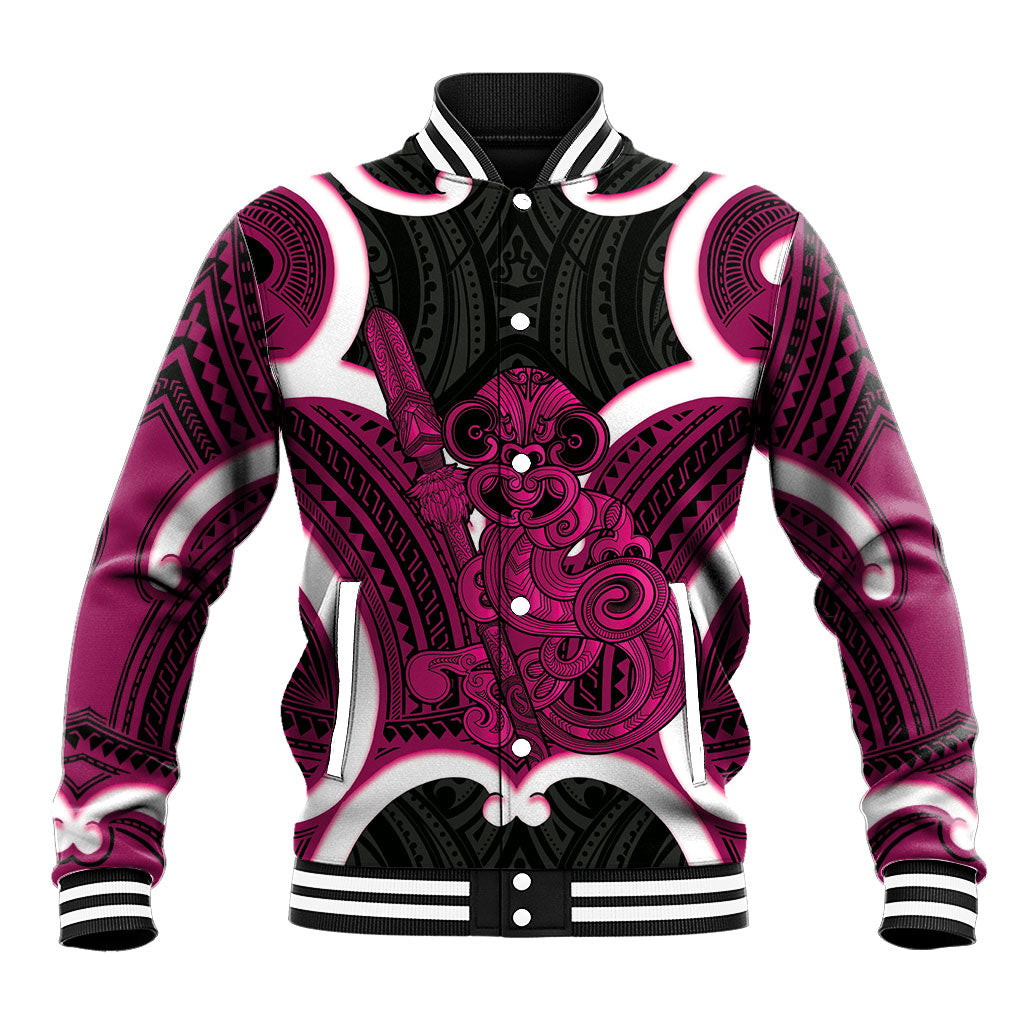 Mawhero Aotearoa Atua Tumatauenga Personalised Baseball Jacket Maori God Of War Tiki With Taiaha LT14 Unisex Pink - Polynesian Pride