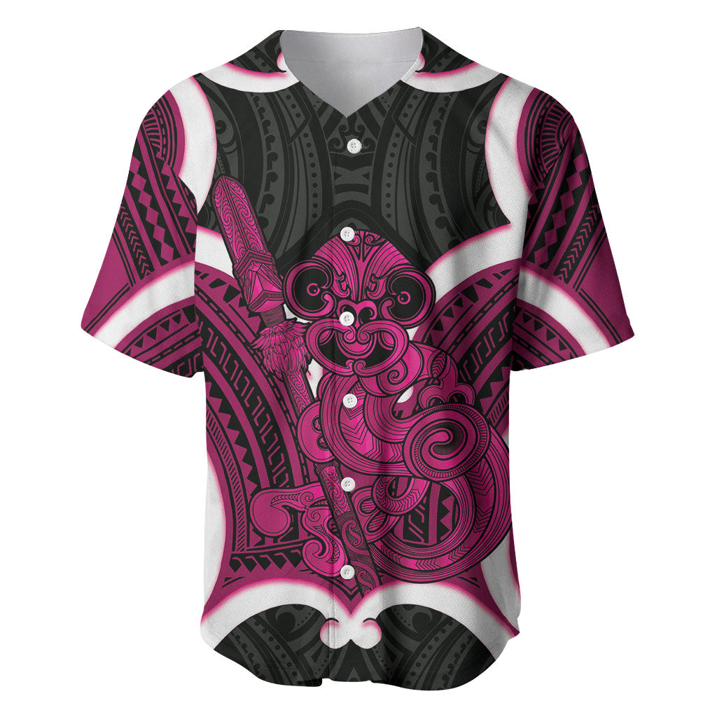Mawhero Aotearoa Atua Tumatauenga Personalised Baseball Jersey Maori God Of War Tiki With Taiaha LT14 Pink - Polynesian Pride