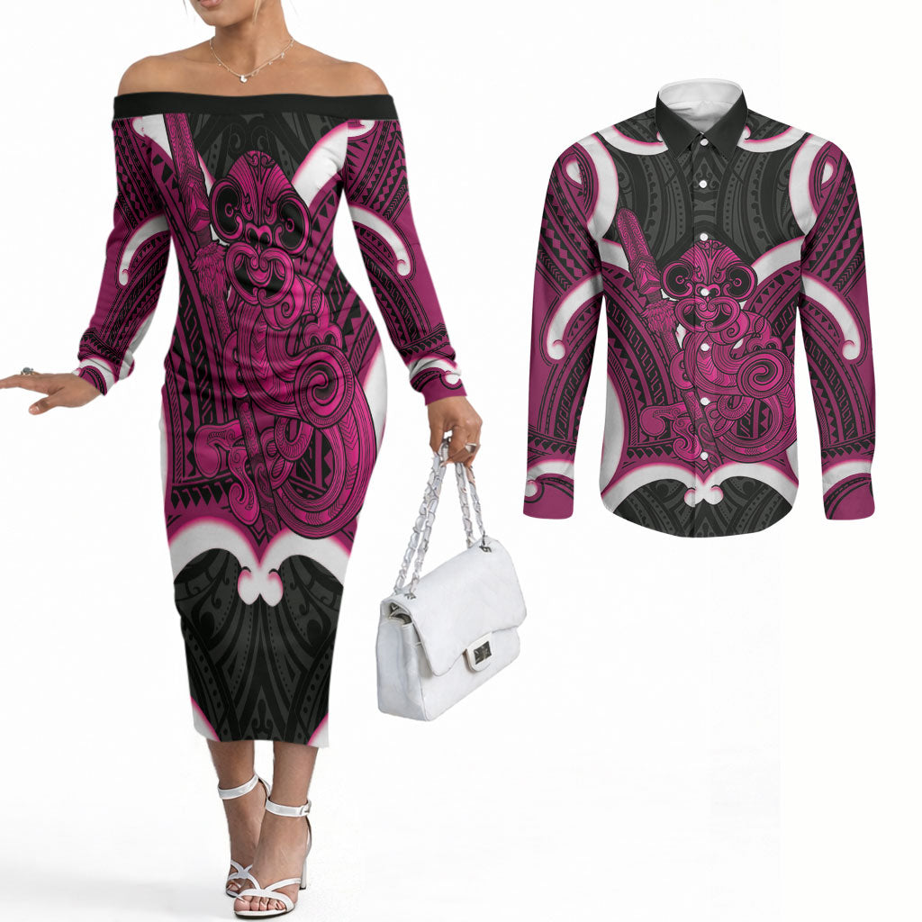 Mawhero Aotearoa Atua Tumatauenga Personalised Couples Matching Off The Shoulder Long Sleeve Dress and Long Sleeve Button Shirt Maori God Of War Tiki With Taiaha LT14 Pink - Polynesian Pride