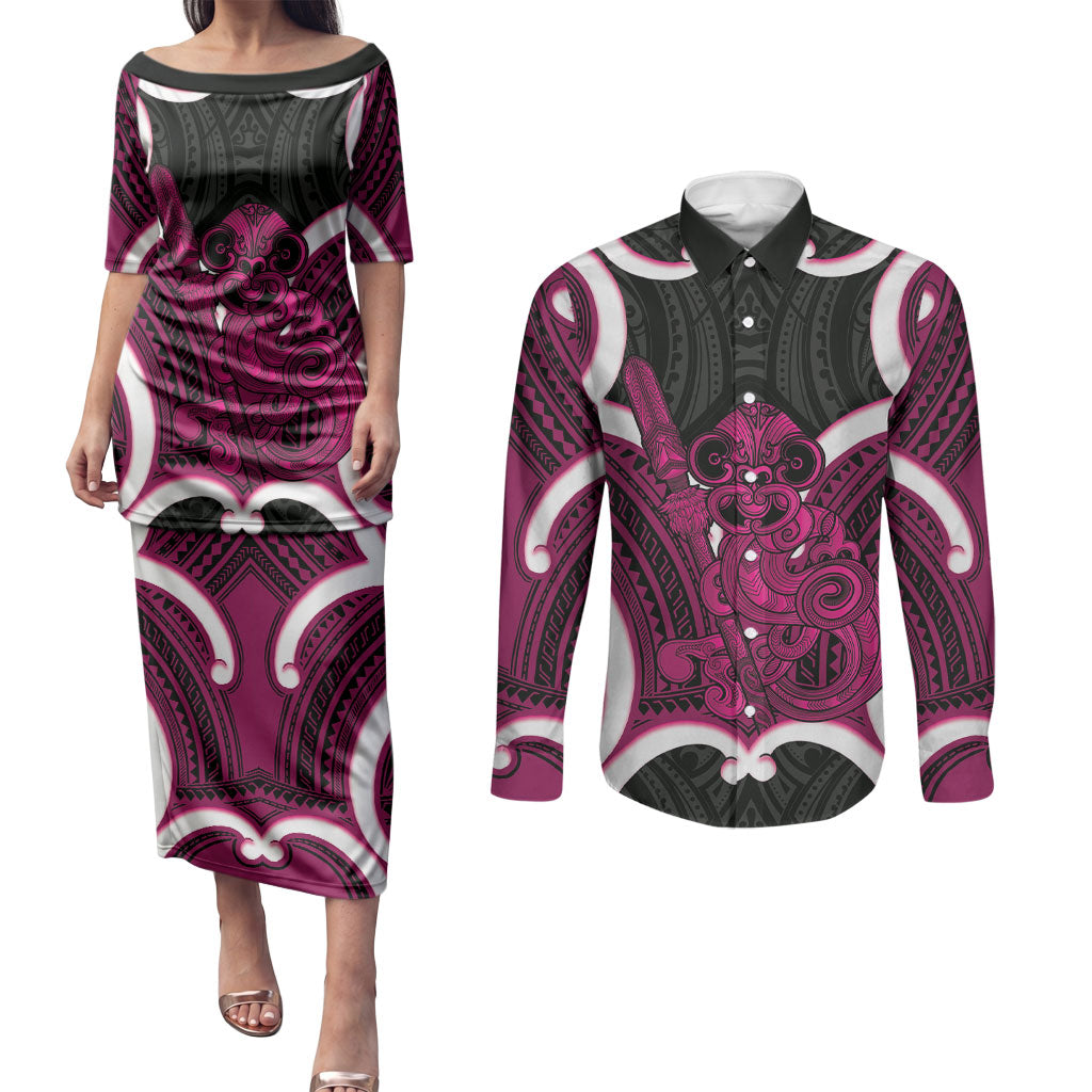 Mawhero Aotearoa Atua Tumatauenga Personalised Couples Matching Puletasi and Long Sleeve Button Shirt Maori God Of War Tiki With Taiaha