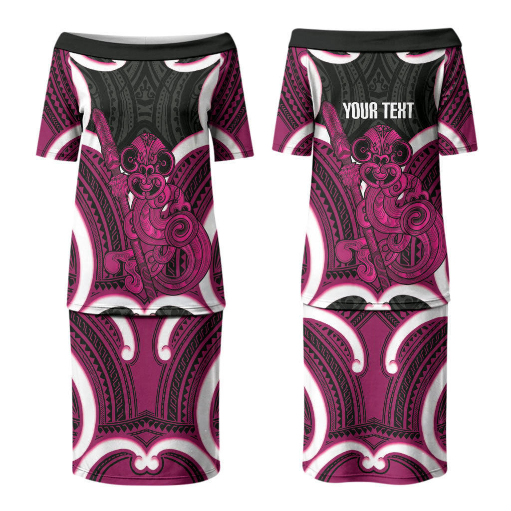 Mawhero Aotearoa Atua Tumatauenga Personalised Couples Matching Puletasi and Long Sleeve Button Shirt Maori God Of War Tiki With Taiaha