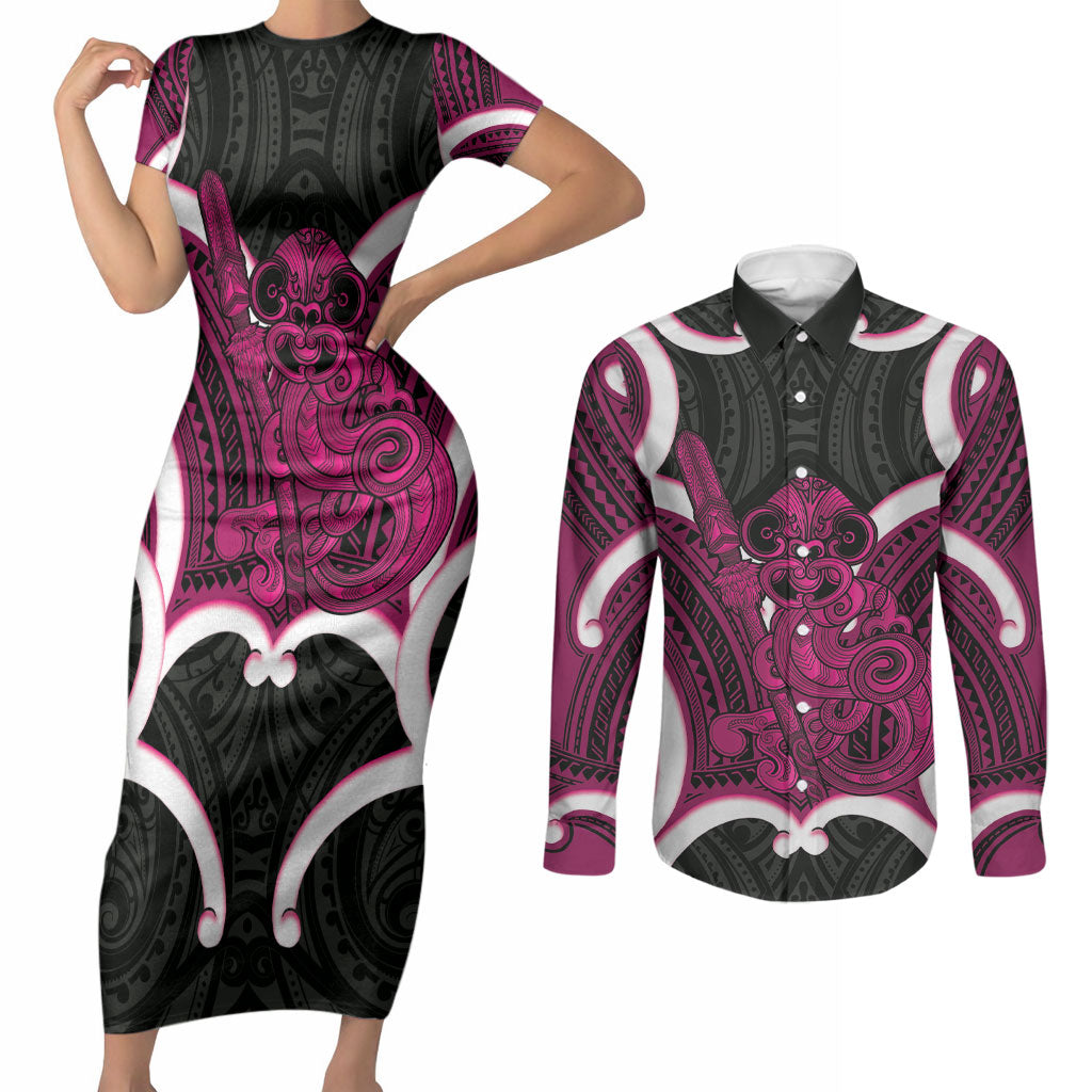 Mawhero Aotearoa Atua Tumatauenga Personalised Couples Matching Short Sleeve Bodycon Dress and Long Sleeve Button Shirt Maori God Of War Tiki With Taiaha LT14 Pink - Polynesian Pride