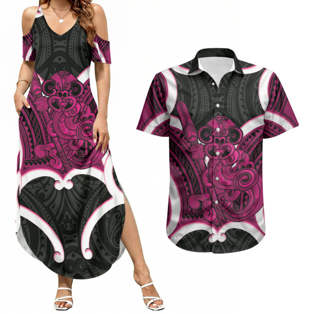 Mawhero Aotearoa Atua Tumatauenga Personalised Couples Matching Summer Maxi Dress and Hawaiian Shirt Maori God Of War Tiki With Taiaha LT14 Pink - Polynesian Pride