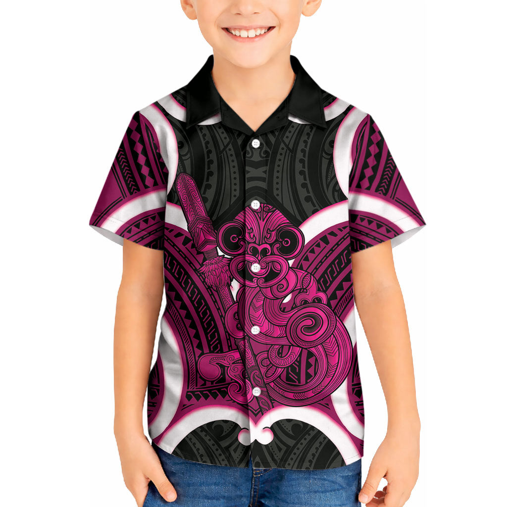 Mawhero Aotearoa Atua Tumatauenga Personalised Kid Hawaiian Shirt Maori God Of War Tiki With Taiaha LT14 Kid Pink - Polynesian Pride