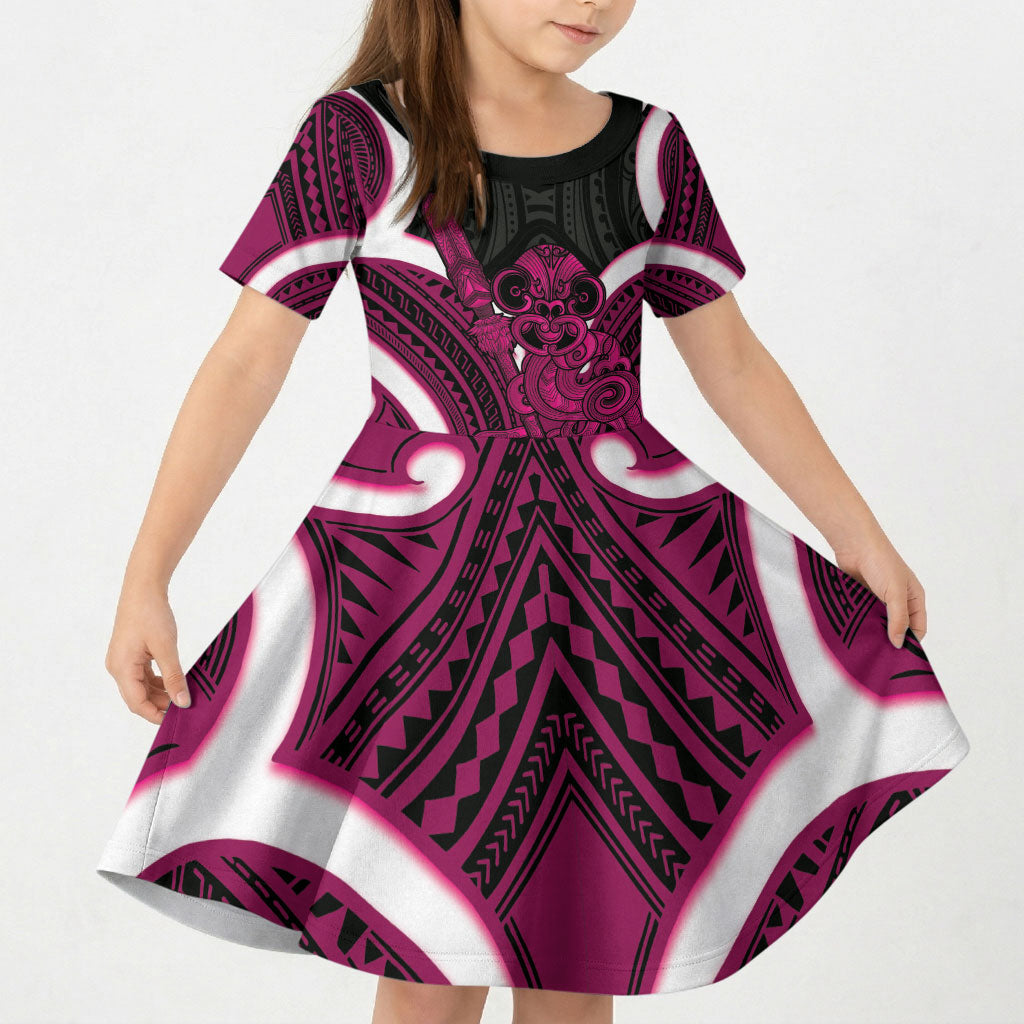 Mawhero Aotearoa Atua Tumatauenga Personalised Kid Short Sleeve Dress Maori God Of War Tiki With Taiaha LT14 KID Pink - Polynesian Pride