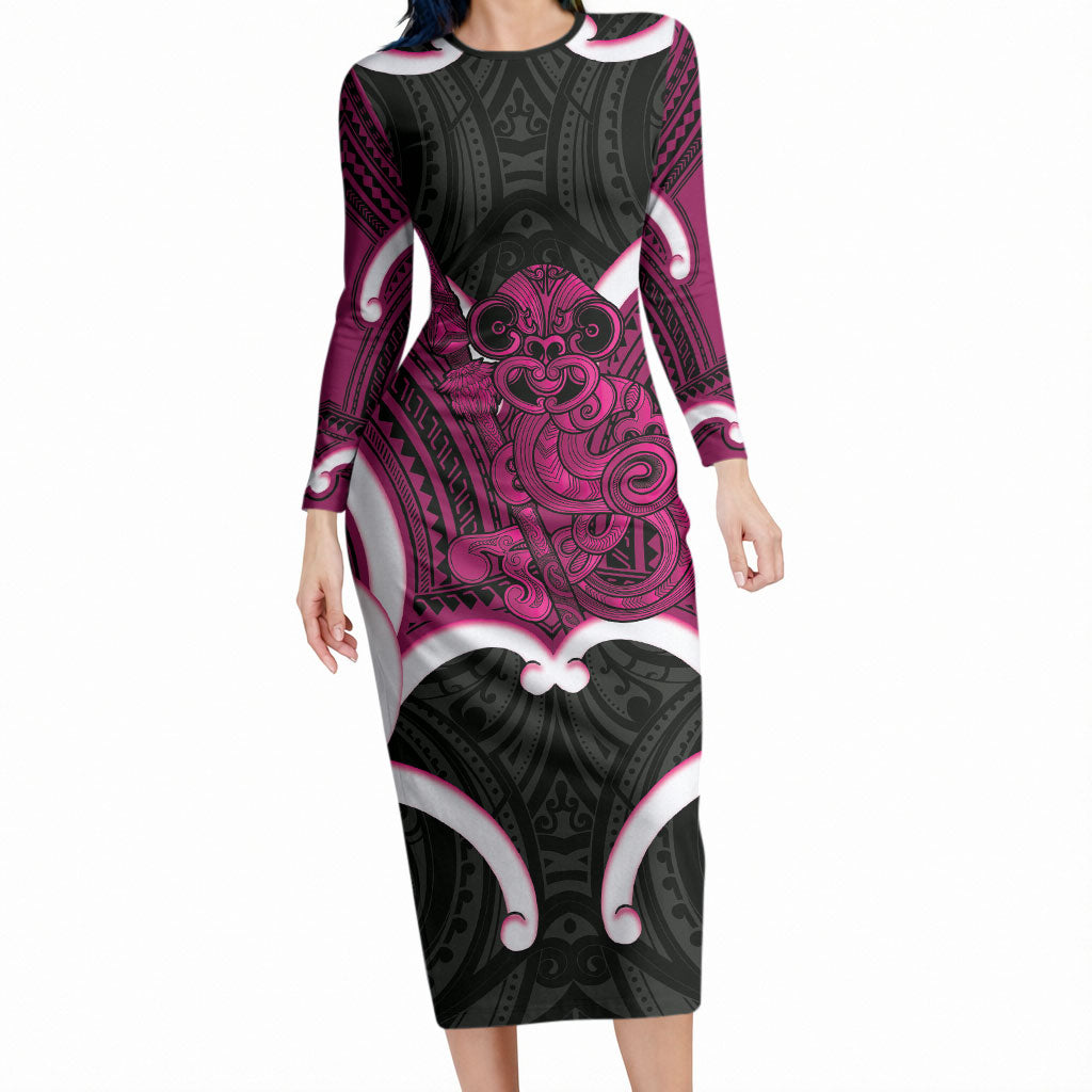Mawhero Aotearoa Atua Tumatauenga Personalised Long Sleeve Bodycon Dress Maori God Of War Tiki With Taiaha LT14 Long Dress Pink - Polynesian Pride