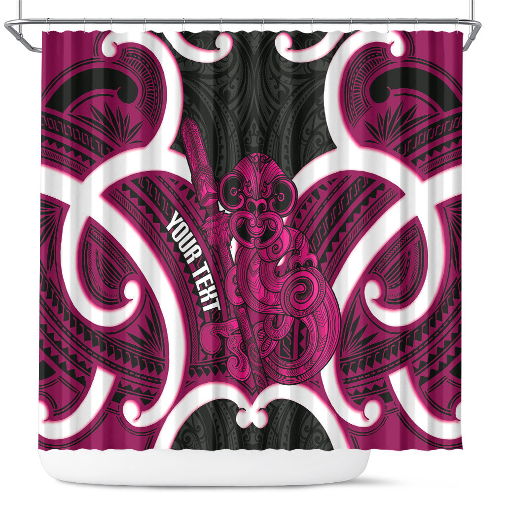 Mawhero Aotearoa Atua Tumatauenga Personalised Shower Curtain Maori God Of War Tiki With Taiaha LT14 Pink - Polynesian Pride