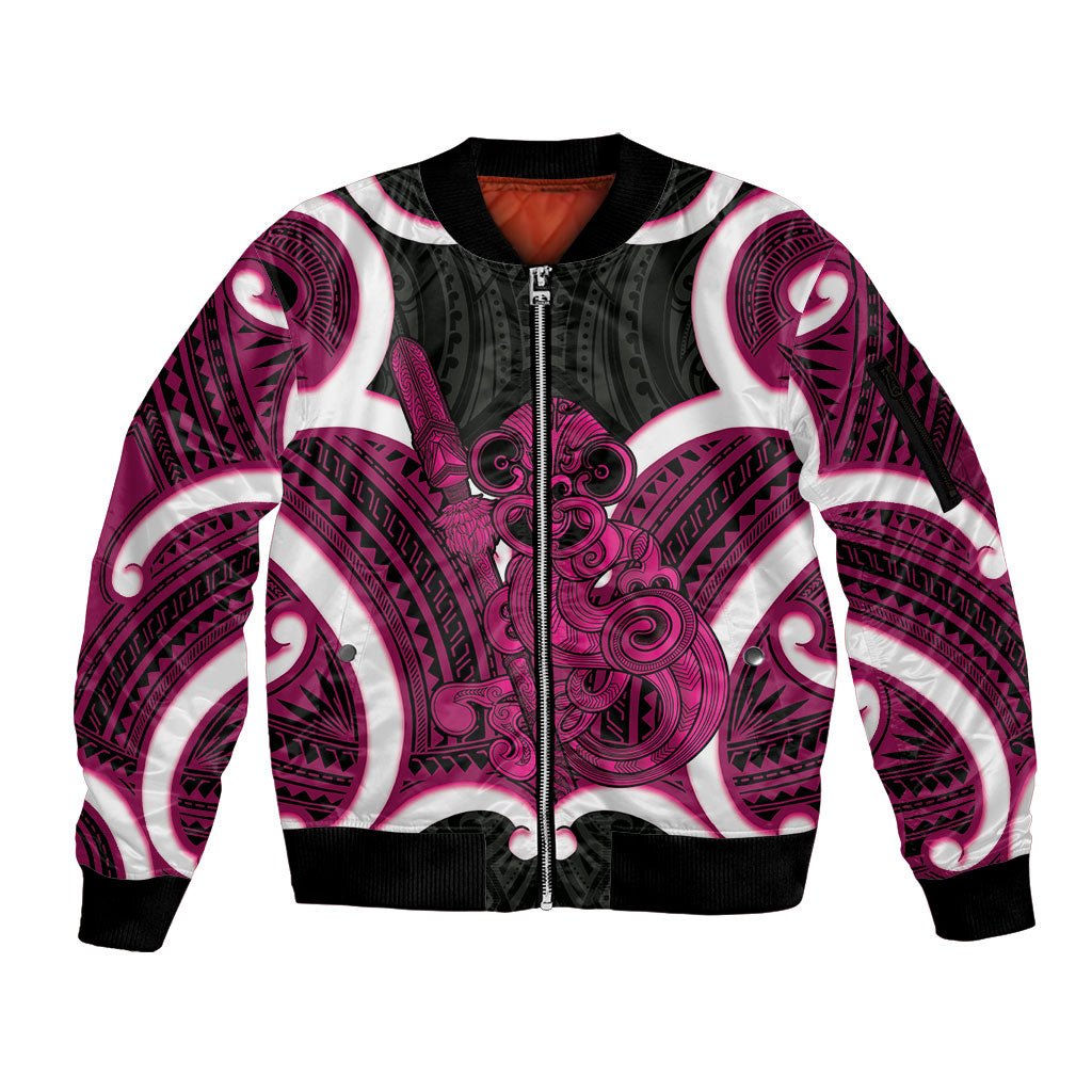 Mawhero Aotearoa Atua Tumatauenga Personalised Sleeve Zip Bomber Jacket Maori God Of War Tiki With Taiaha LT14 Unisex Pink - Polynesian Pride
