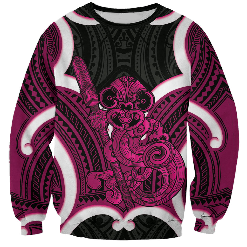 Mawhero Aotearoa Atua Tumatauenga Personalised Sweatshirt Maori God Of War Tiki With Taiaha LT14 Unisex Pink - Polynesian Pride