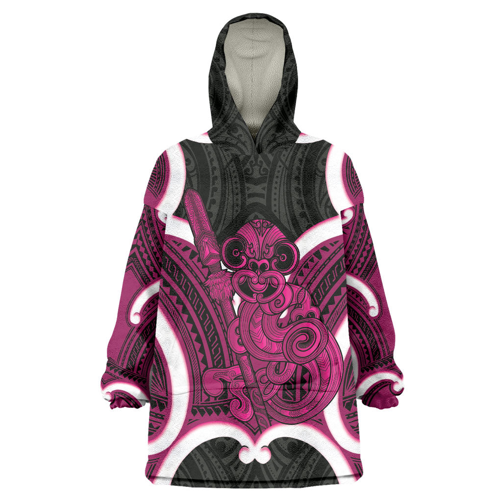 Mawhero Aotearoa Atua Tumatauenga Personalised Wearable Blanket Hoodie Maori God Of War Tiki With Taiaha LT14 One Size Pink - Polynesian Pride