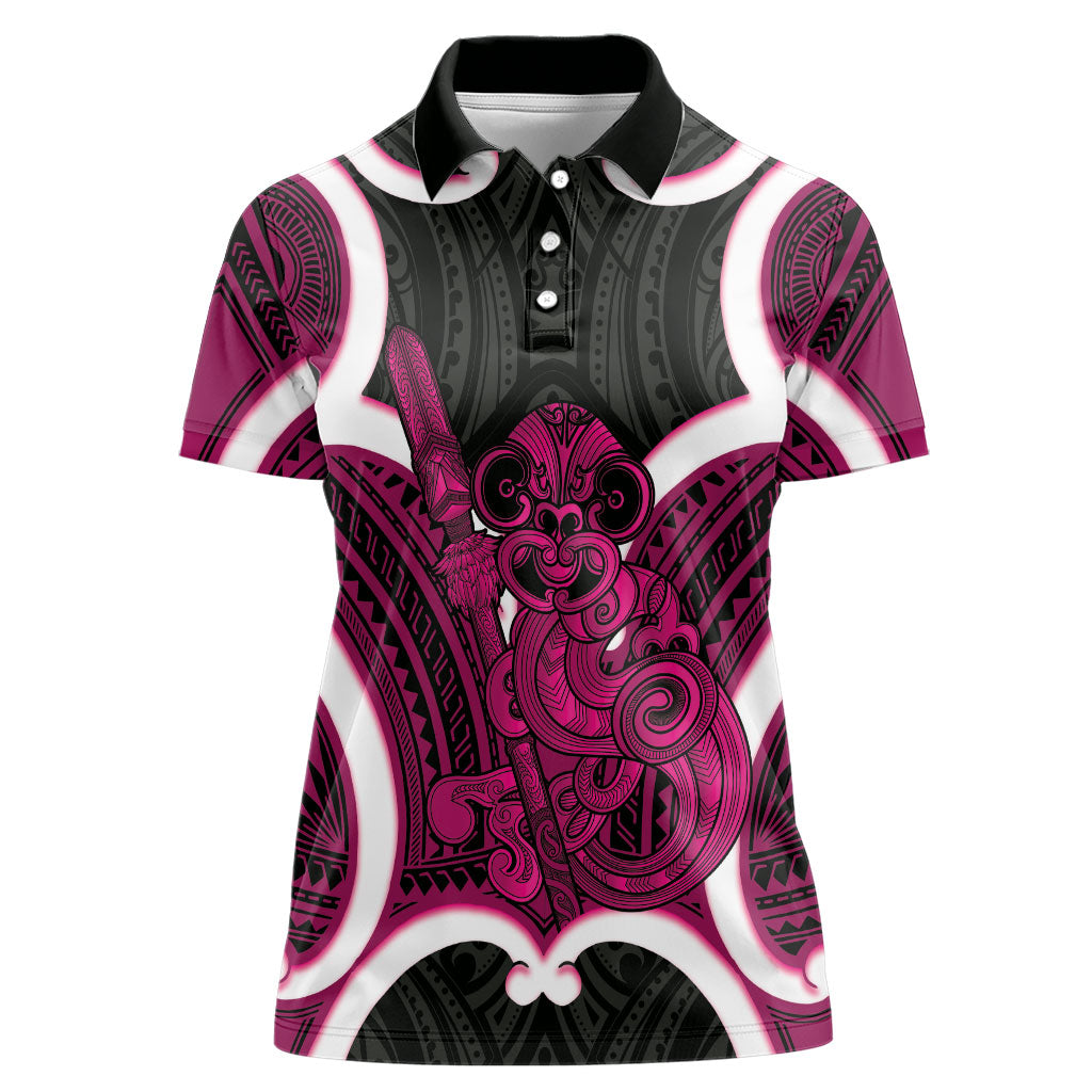 Mawhero Aotearoa Atua Tumatauenga Personalised Women Polo Shirt Maori God Of War Tiki With Taiaha LT14 Female Pink - Polynesian Pride