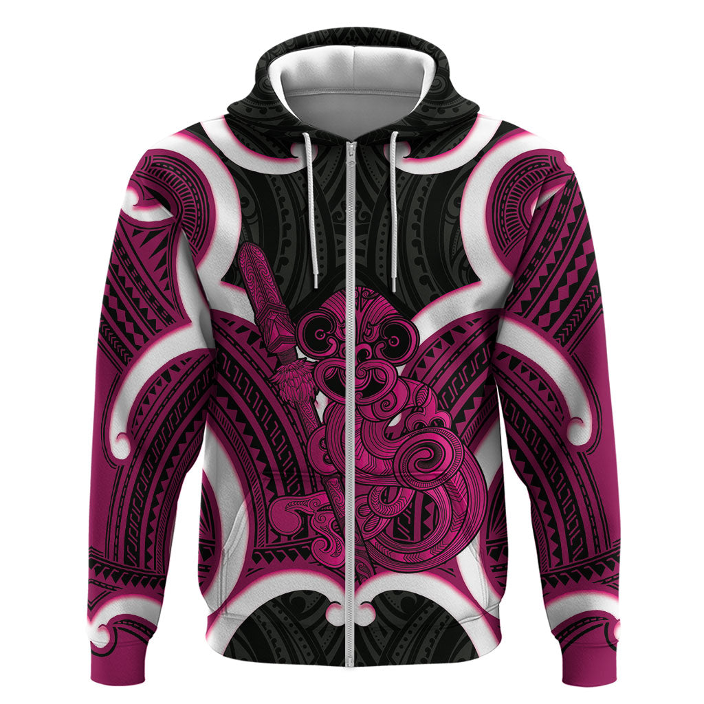 Mawhero Aotearoa Atua Tumatauenga Personalised Zip Hoodie Maori God Of War Tiki With Taiaha LT14 Zip Hoodie Pink - Polynesian Pride