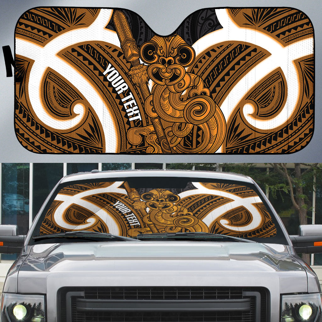 Karaka Aotearoa Atua Tumatauenga Personalised Auto Sun Shade Maori God Of War Tiki With Taiaha LT14 Orange - Polynesian Pride