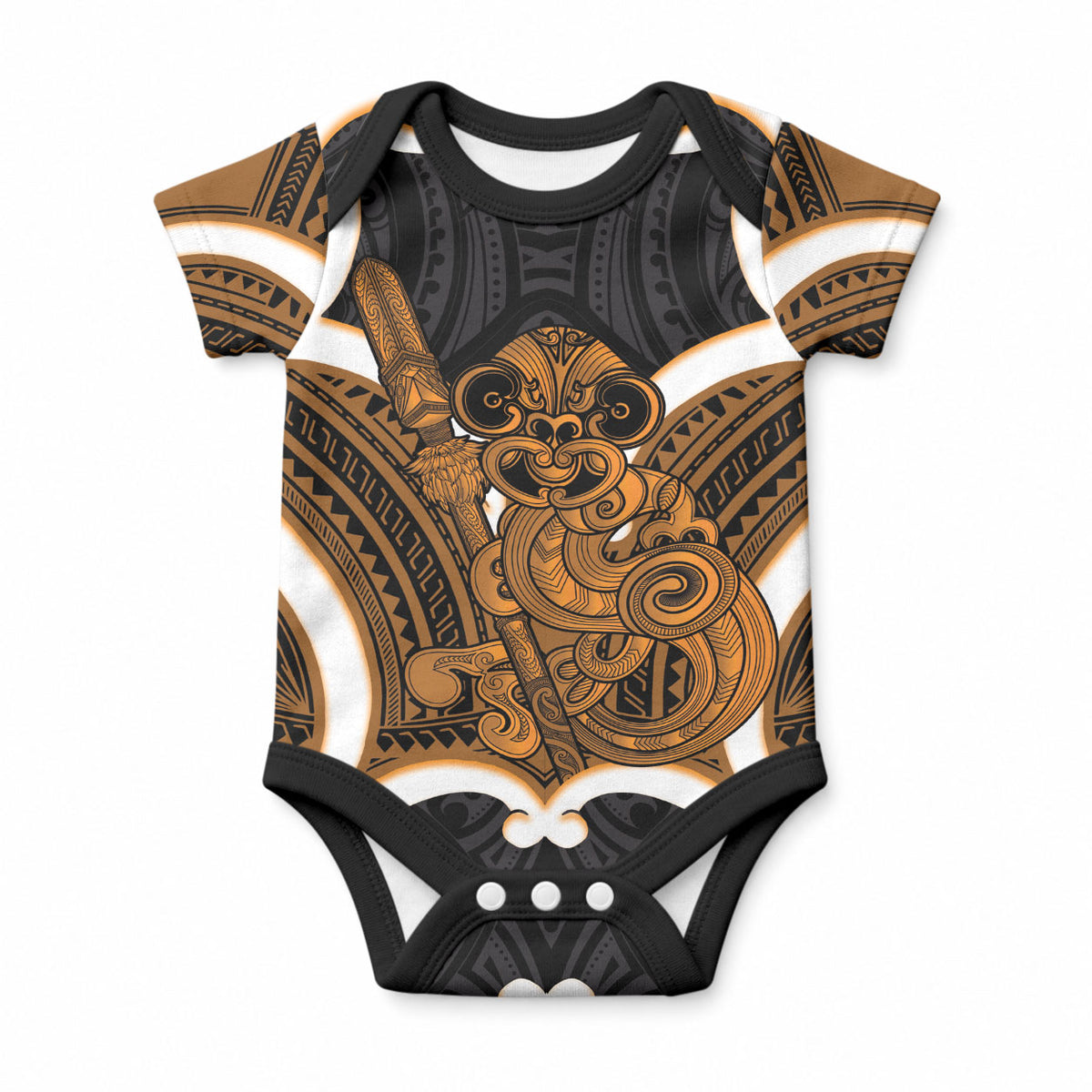 Karaka Aotearoa Atua Tumatauenga Personalised Baby Onesie Maori God Of War Tiki With Taiaha