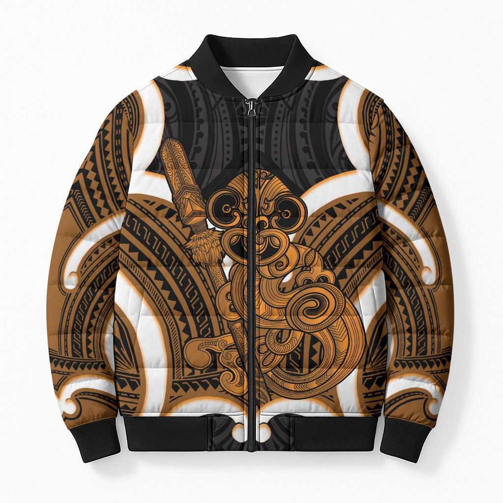 Karaka Aotearoa Atua Tumatauenga Personalised Bomber Puffer Jacket Maori God Of War Tiki With Taiaha LT14 Unisex Orange - Polynesian Pride