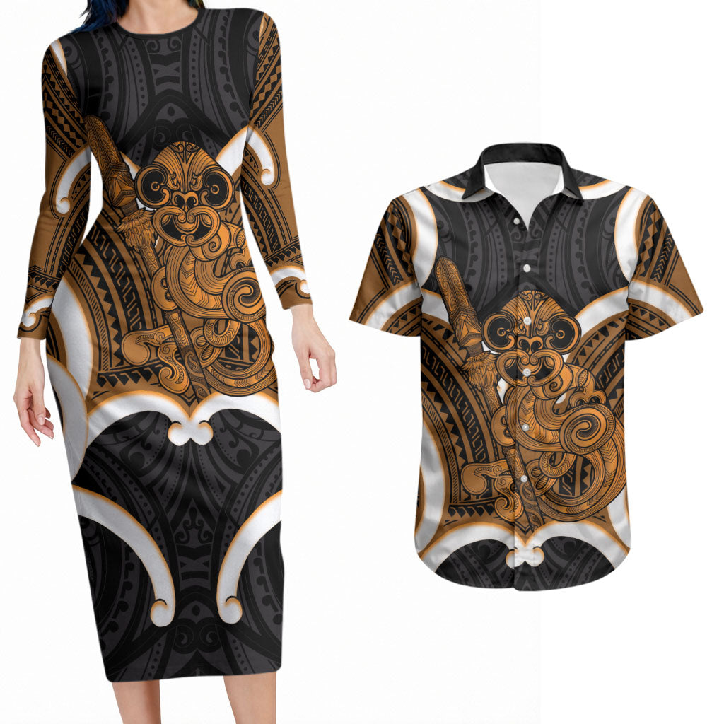 Karaka Aotearoa Atua Tumatauenga Personalised Couples Matching Long Sleeve Bodycon Dress and Hawaiian Shirt Maori God Of War Tiki With Taiaha