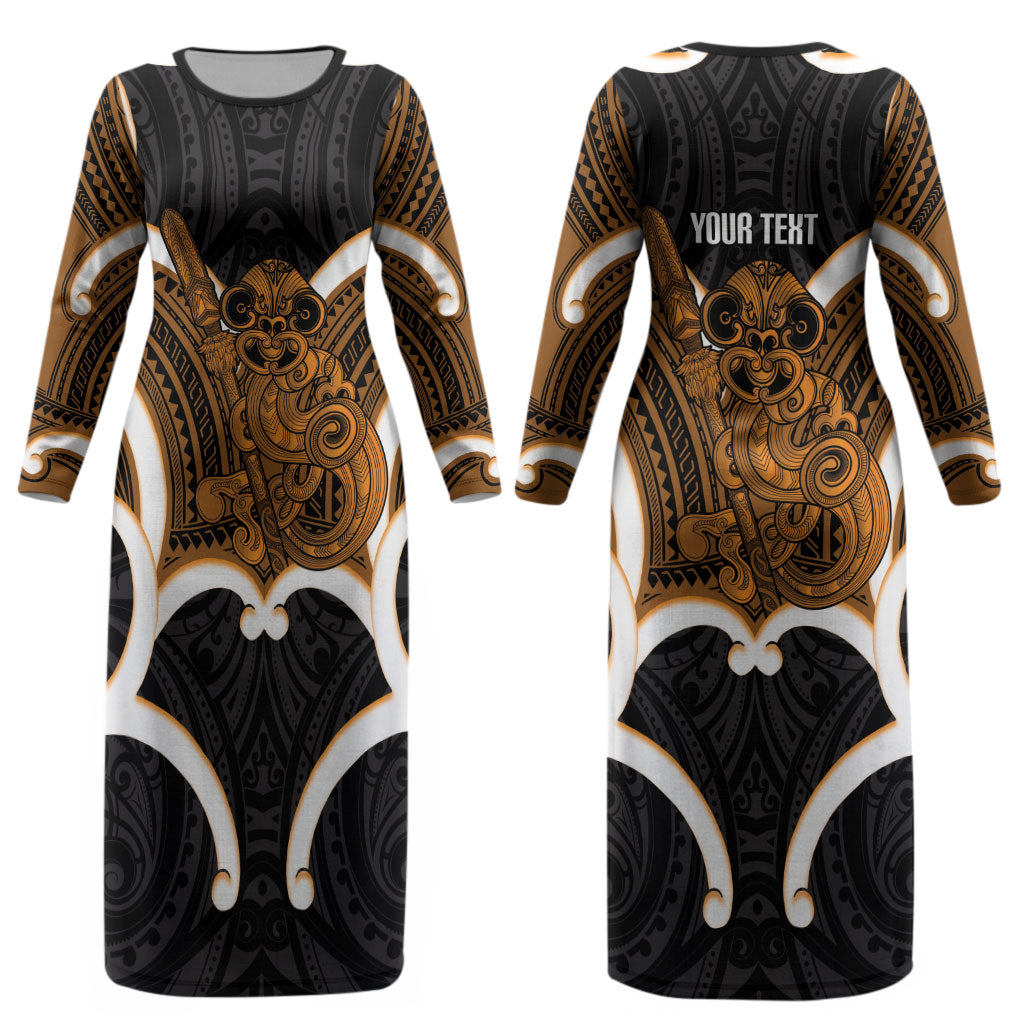 Karaka Aotearoa Atua Tumatauenga Personalised Couples Matching Long Sleeve Bodycon Dress and Hawaiian Shirt Maori God Of War Tiki With Taiaha